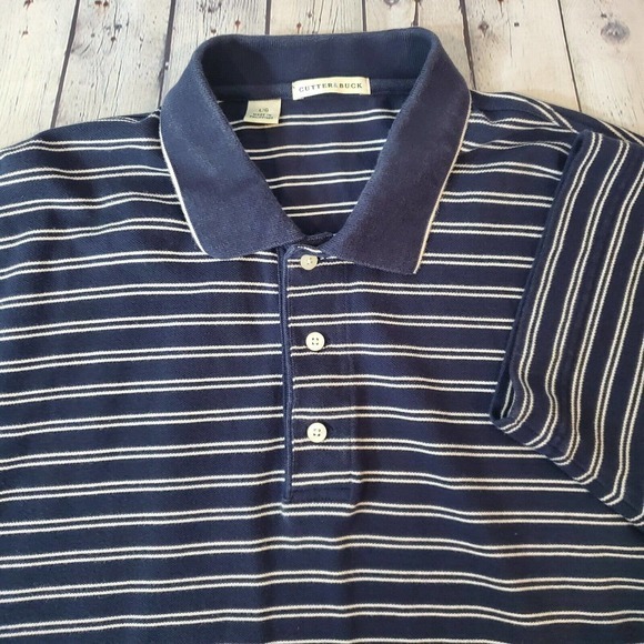 Cutter & Buck Large 1/4 Button Short Sleeve Polo Shirt Navy Blue Striped - Picture 1 of 9